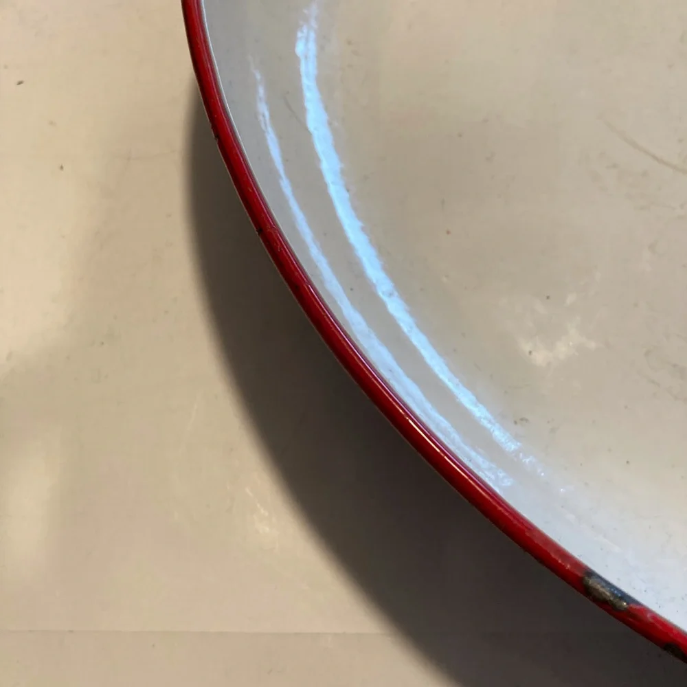 Enamelware BIG 14”X2.75” Bowl Red/White VTG No Chips Inside Tray  Just Rim
